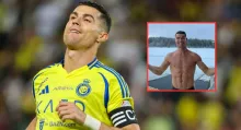 Cristiano Ronaldo sin camiseta desafiando los duros climas de diciembre en Europa. Se atrevió a meterse a una piscina fría.