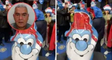 En el Congreso hubo una protesta con personas enmascaradas de Papá Pitufo, para ir contra Gustavo Petro por el caso del contrabandista.