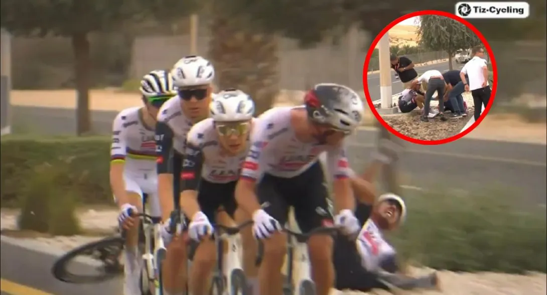 Juan Sebastián Molano sufrió caída en el UAE Tour cuando iba detrás de Tadej Pogacar: video y qué pasó | Cómo está Juan Sebastián Molano tras caída hoy